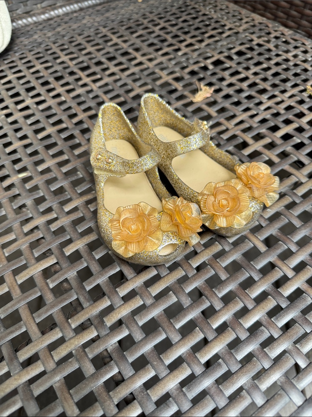 Mini Melissa Gold Glitter Mary Jane Shoes with Floral Appliques size 9